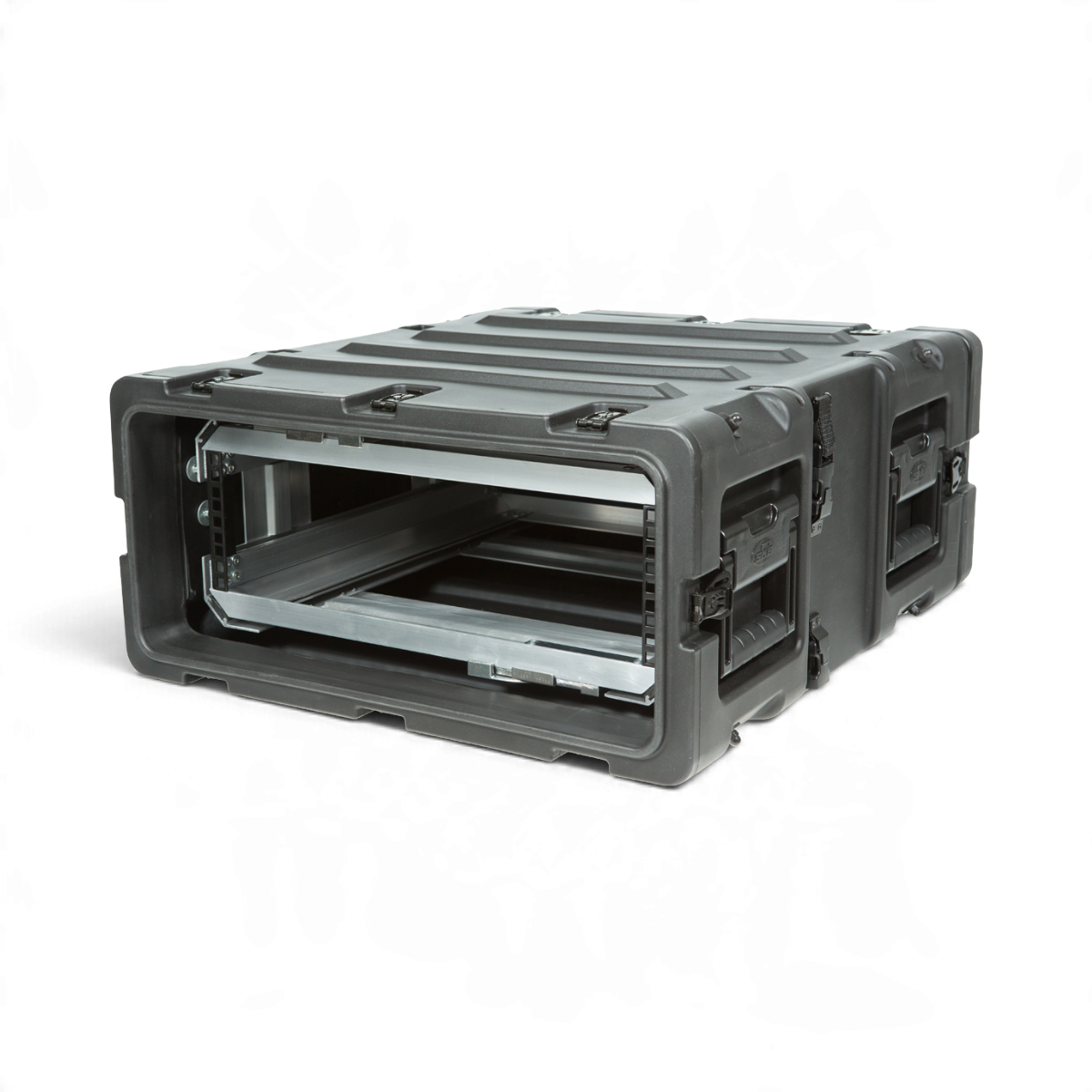 SKB Cases 3U 20-inch deep shock rack in black with a removable interior frame and rugged roto-molded shell.