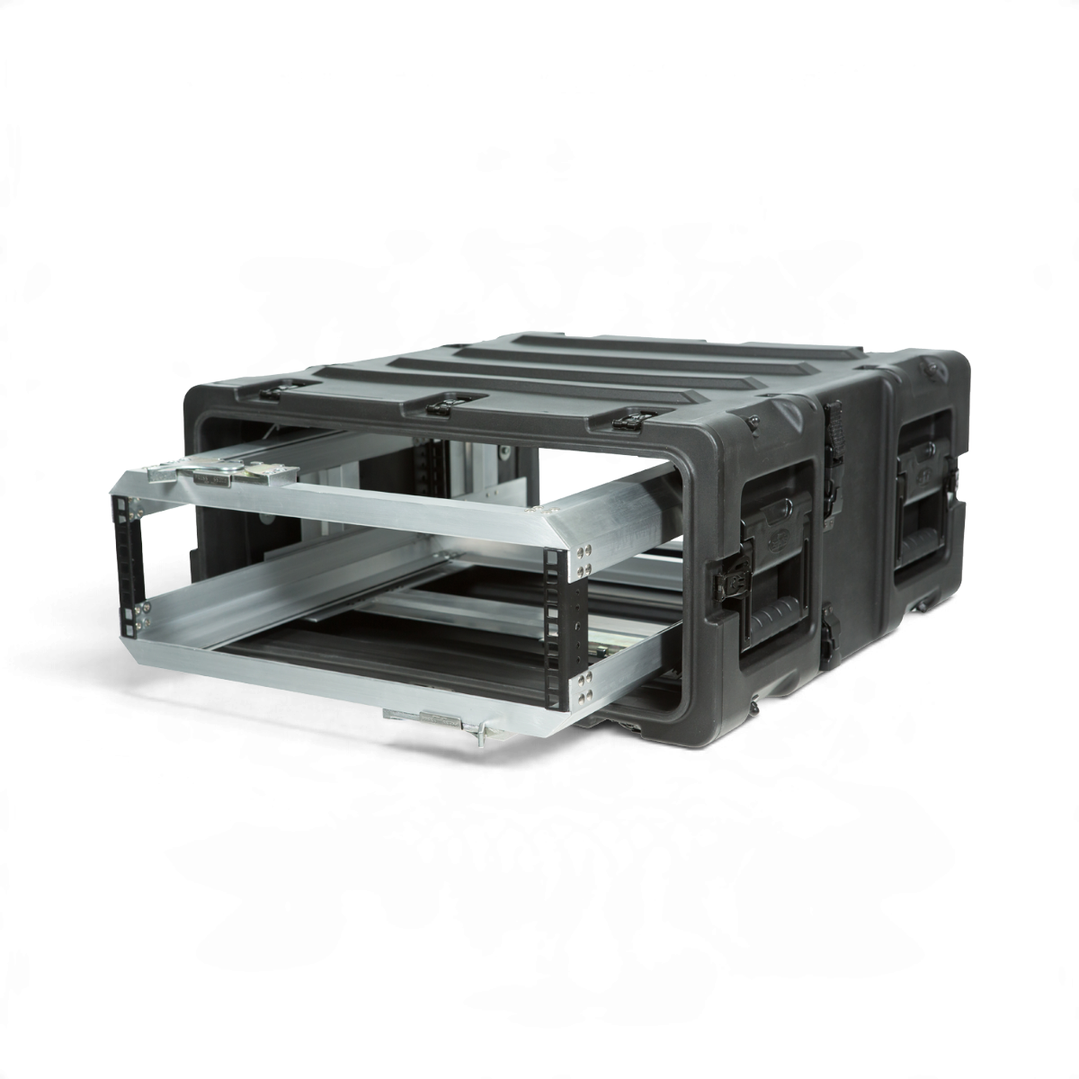 SKB Cases 3U 20-inch deep shock rack with a black roto-molded shell and a removable internal metal equipment frame.