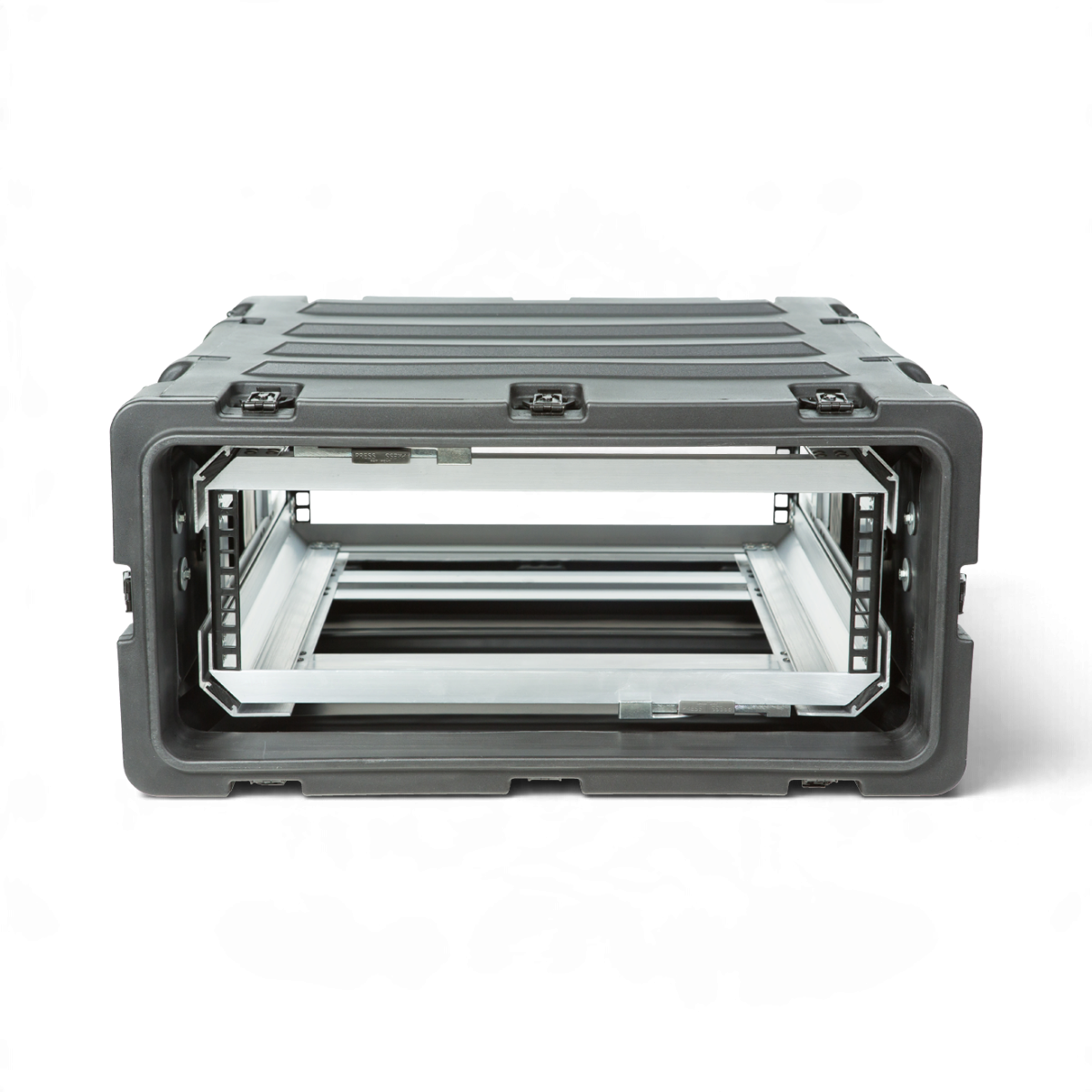 SKB Cases 3U 20-inch deep shock rack with a removable interior frame and rugged black roto-molded shell.