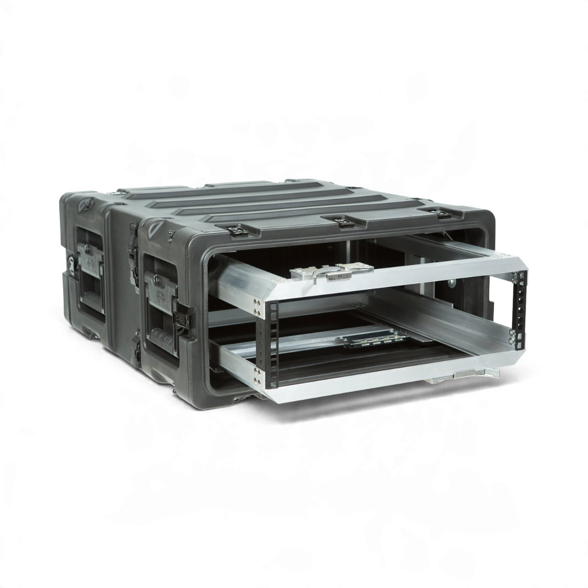 SKB Cases 3U 20-inch deep shock rack with a black roto-molded shell and a removable internal metal equipment frame.