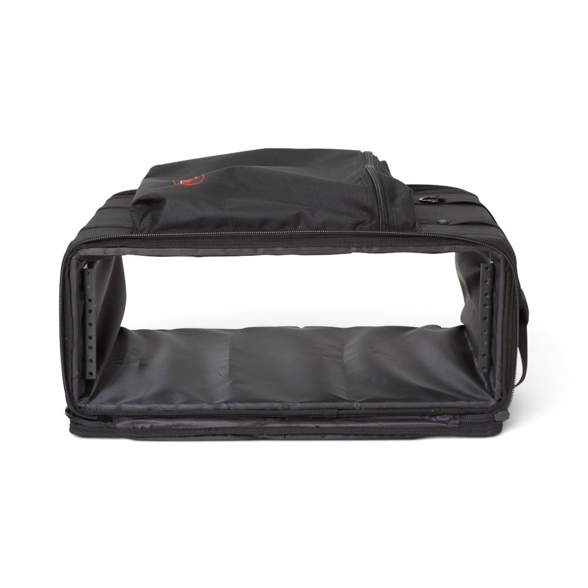SKB Cases 3U soft rack bag with black nylon exterior, threaded steel rails, and zippered storage pouches.
