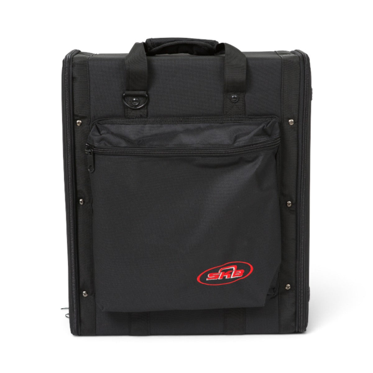 SKB Cases 3U soft rack bag in black nylon with front storage pouch, heavy-duty zippers, and threaded steel rails.
