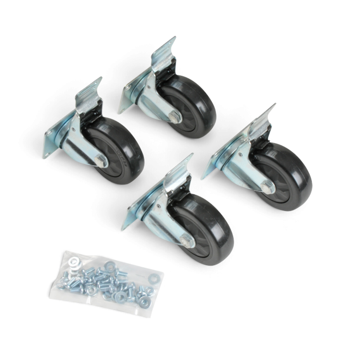 SKB Cases set of four 4-inch swivel casters with metal mounting plates and included hardware for shipping cases.