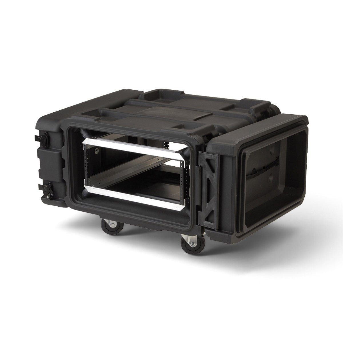 SKB Cases 4U 24-inch deep roto shock rack with black durable shell, internal aluminum frame, and removable casters.