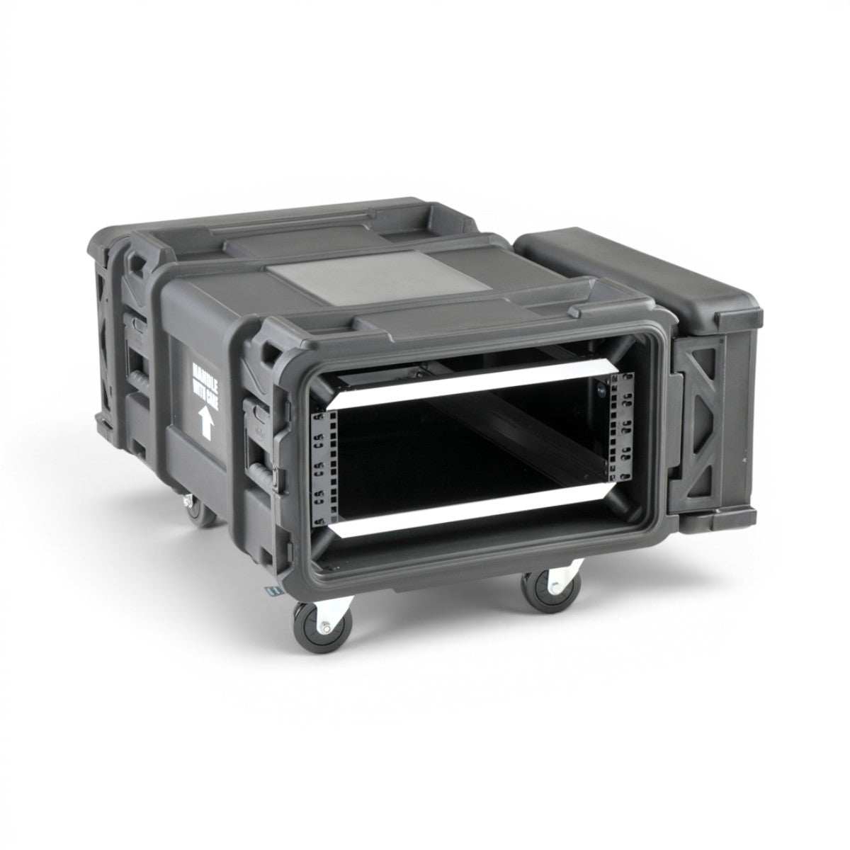 SKB Cases 4U 28-inch deep roto shock rack with removable casters and open front lid for server equipment storage
