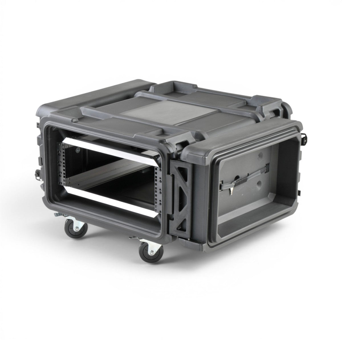SKB Cases 4U 28-inch deep roto shock rack with removable casters and adjustable rail conversion system in black.