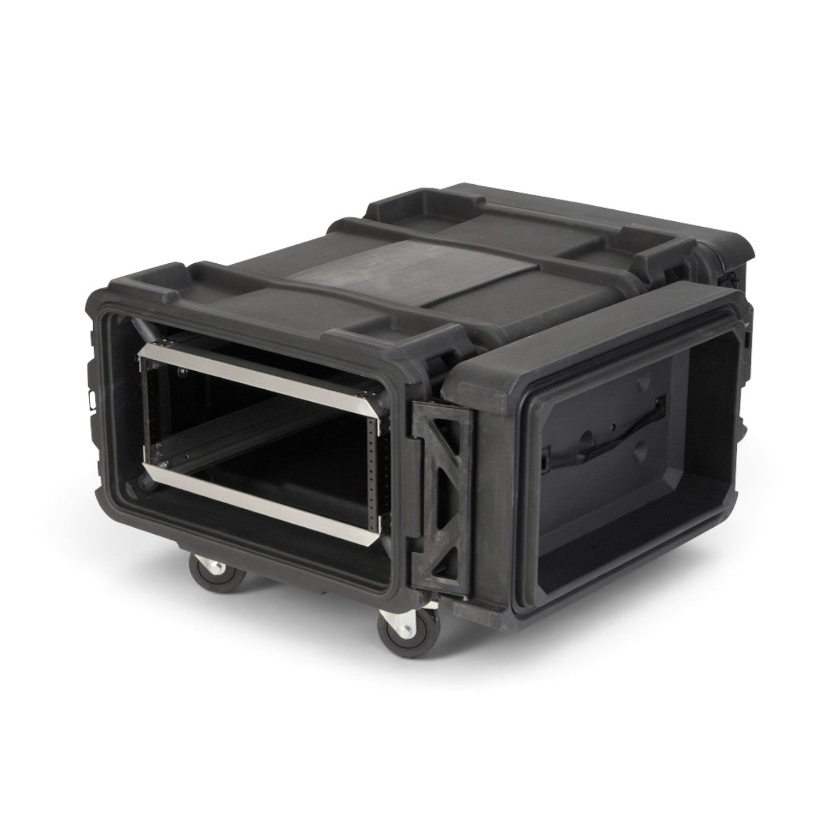 SKB Cases 4U 30-inch deep rSeries shock rack with black roto-molded exterior, internal aluminum frame, and casters.