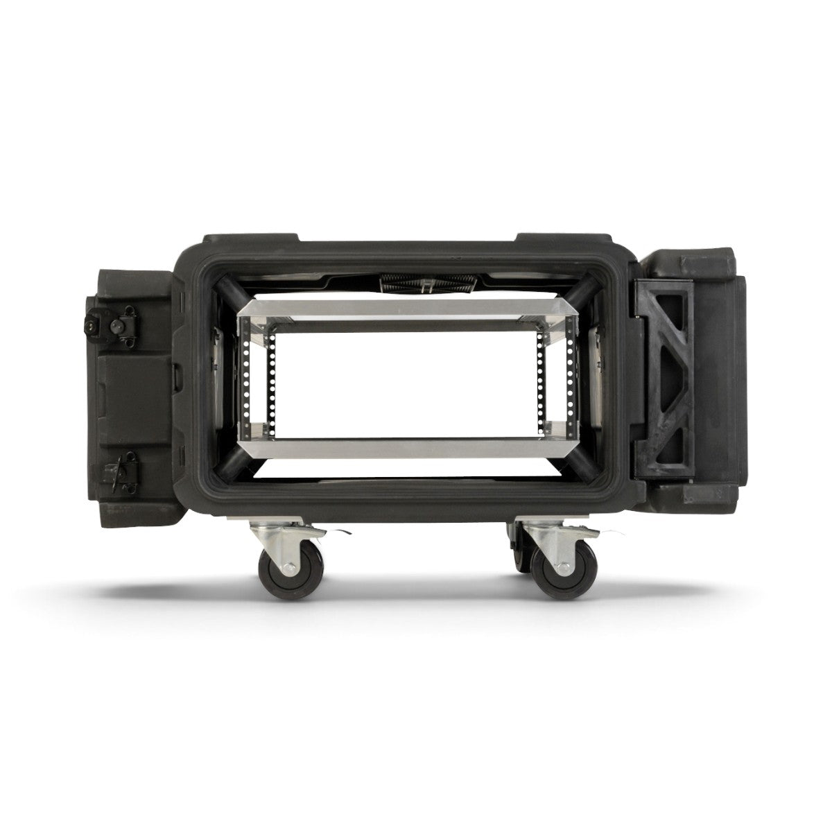 SKB Cases 4U 30-inch deep rSeries shock rack with internal aluminum frame and removable casters on a white background