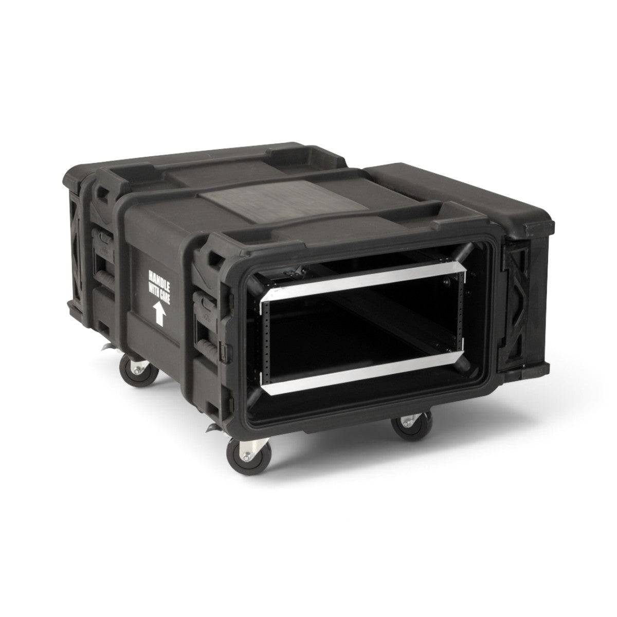SKB Cases 4U 30-inch deep rSeries shock rack with black roto-molded exterior, internal metal rails, and swivel casters.