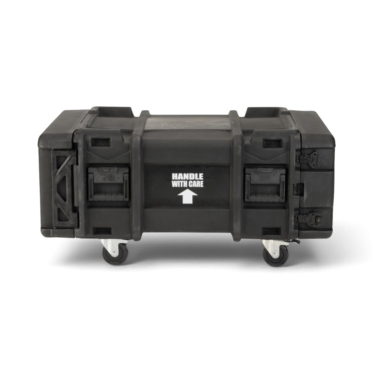SKB Cases 4U 30-inch deep rSeries shock rack in black with heavy-duty casters and Handle With Care label
