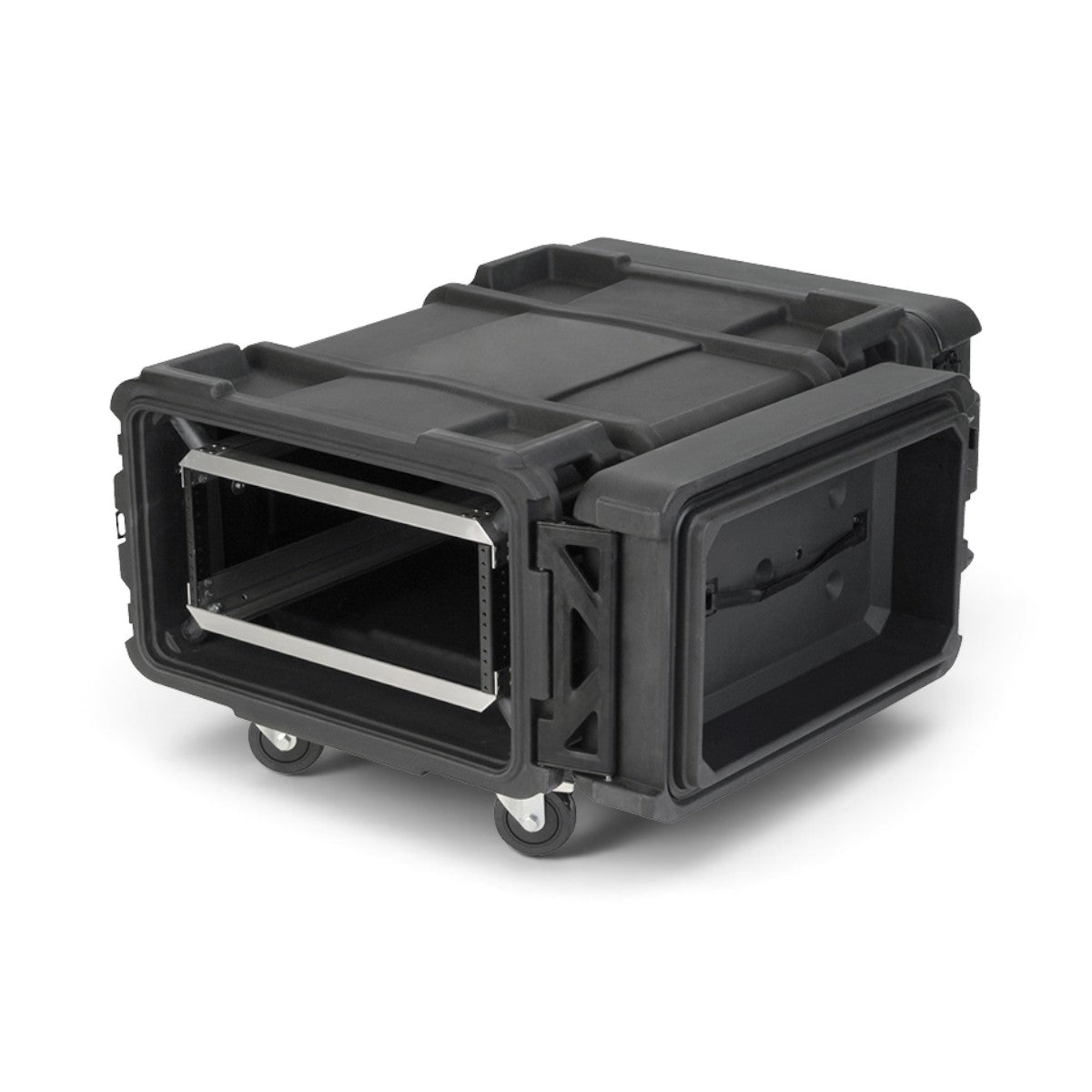 SKB Cases 4U 30-inch deep rSeries shock rack in black with removable casters and heavy-duty protective shell.