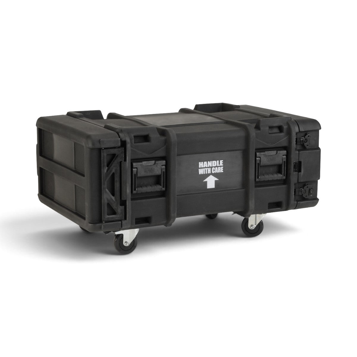 SKB Cases 4U 30-inch deep black roto shock rack with removable casters and handle with care label