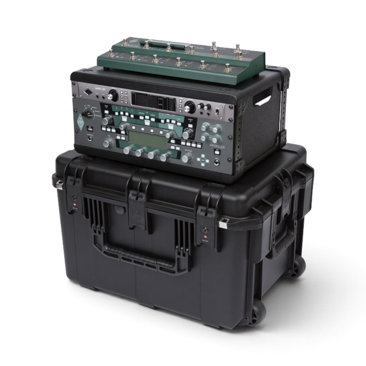 SKB Cases 4U iSeries injection molded guitar FX fly rack with a Kemper Profiler and foot controller on top.