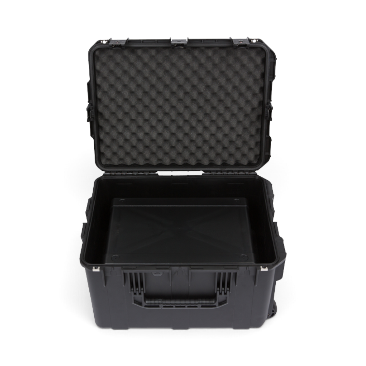 SKB Cases 4U iSeries injection molded guitar FX fly rack with open lid, foam interior, and durable black shell.