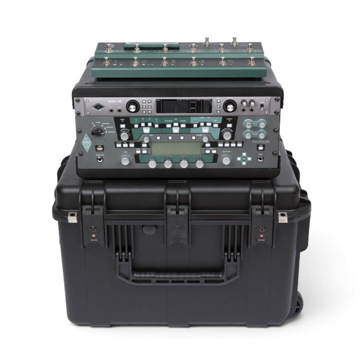 SKB Cases 4U iSeries injection molded guitar FX fly rack with Kemper Profiler and foot controller mounted on top.