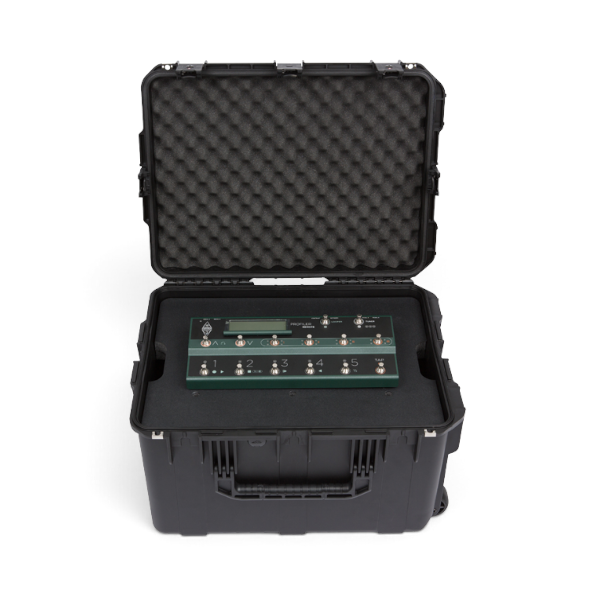 SKB Cases 4U iSeries injection molded fly rack with foam interior holding a green guitar foot controller