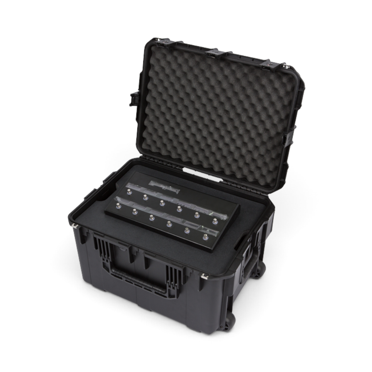 SKB Cases 4U iSeries injection molded guitar FX fly rack with foam-lined lid and foot controller tray