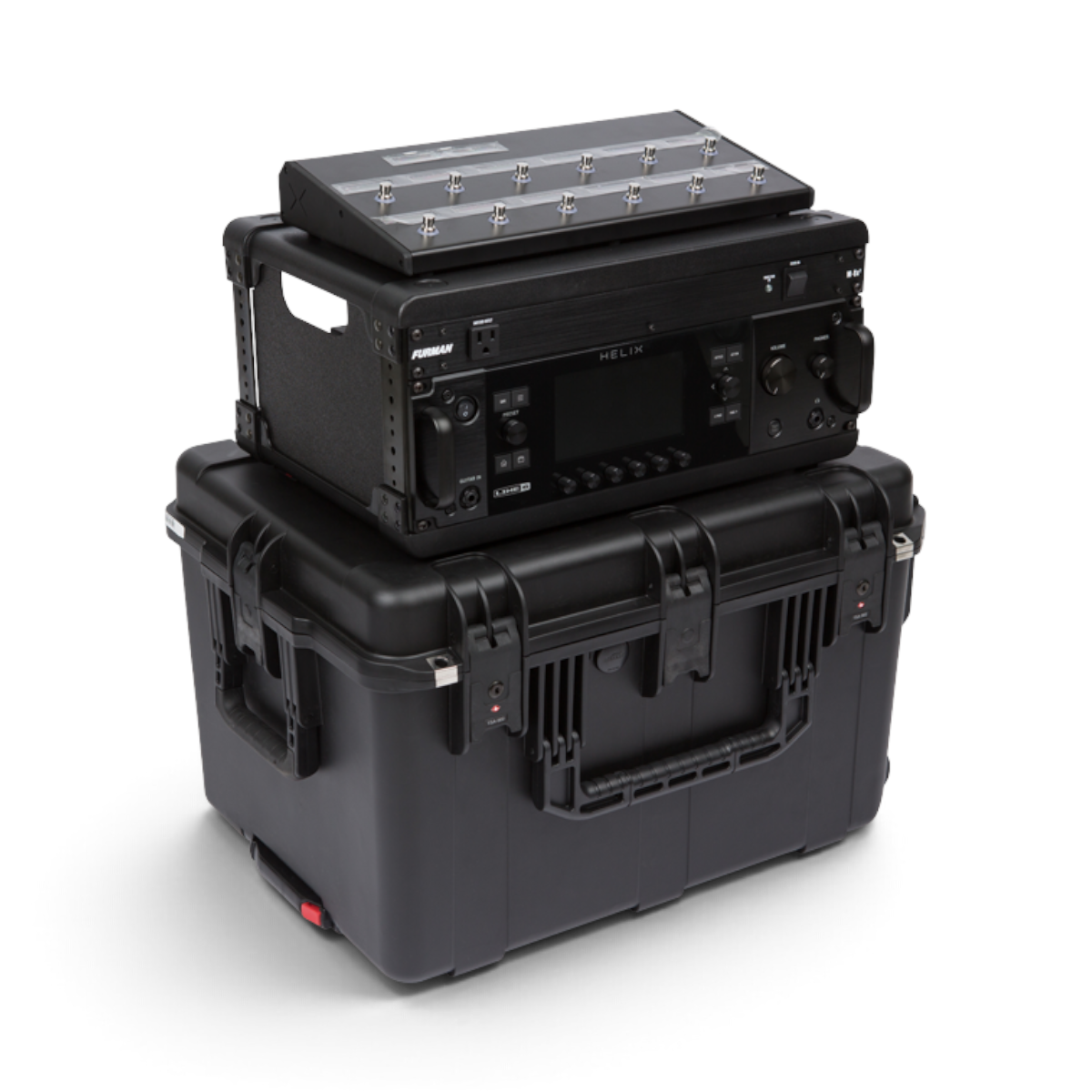 SKB Cases 4U iSeries injection molded guitar FX fly rack with a black processor and foot controller on top