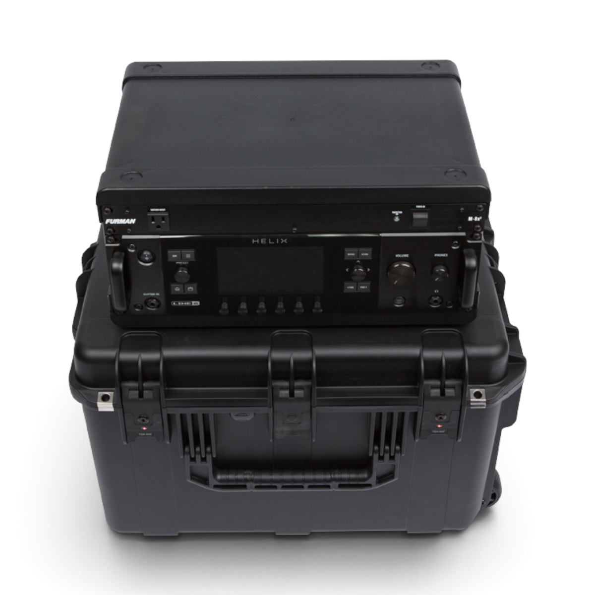 SKB Cases 4U iSeries injection molded guitar FX fly rack with a Line 6 Helix processor mounted in a black hard case.