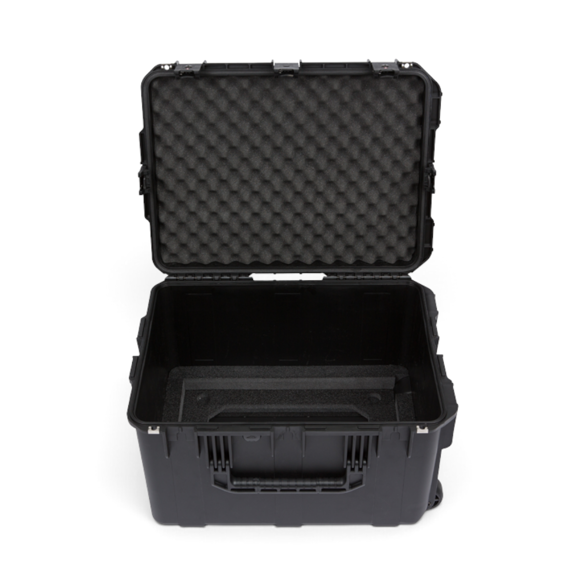 SKB Cases 4U iSeries injection molded guitar FX fly rack with open lid, foam interior, and heavy-duty black shell.