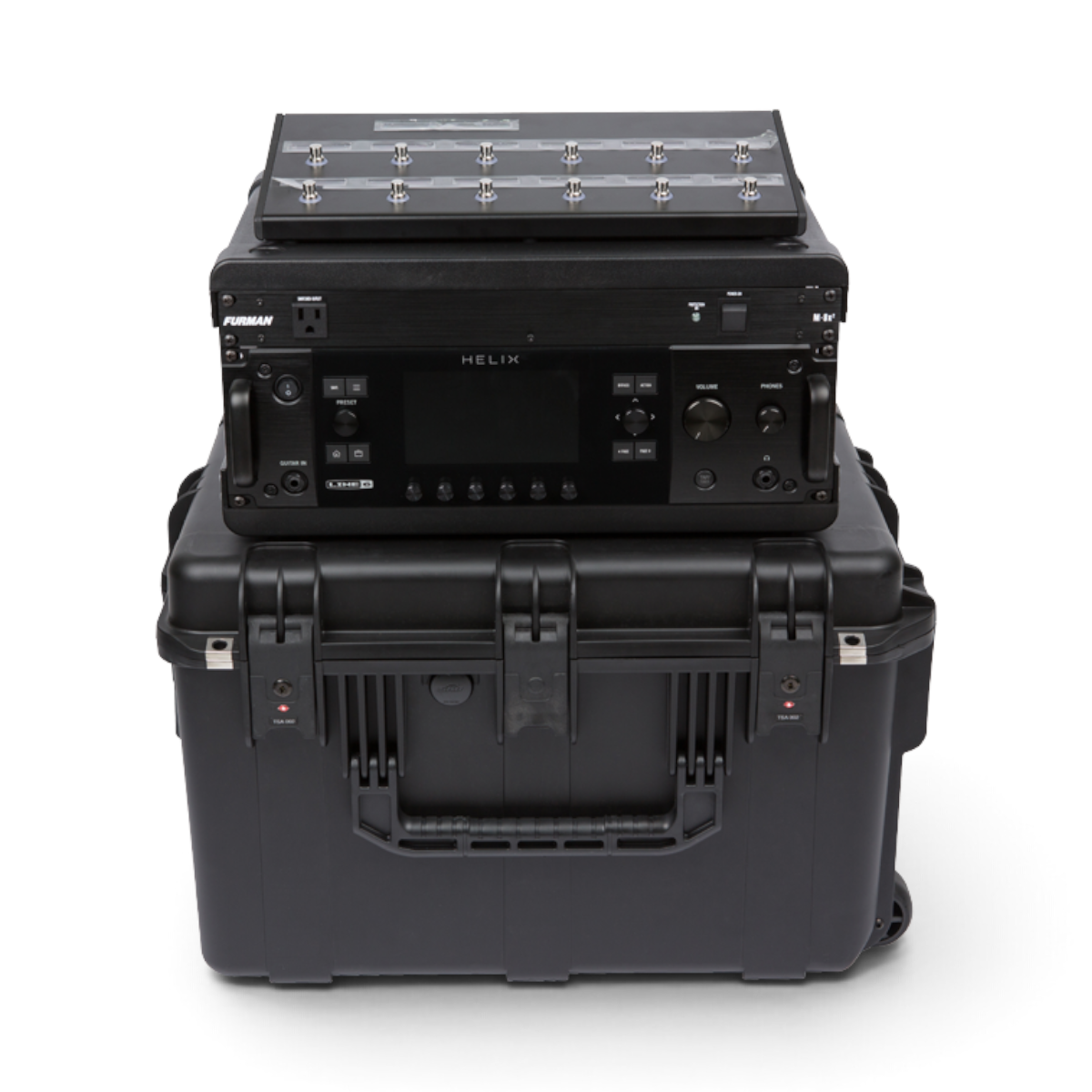 SKB Cases 4U iSeries injection molded guitar FX fly rack with a Line 6 Helix processor and foot controller mounted.