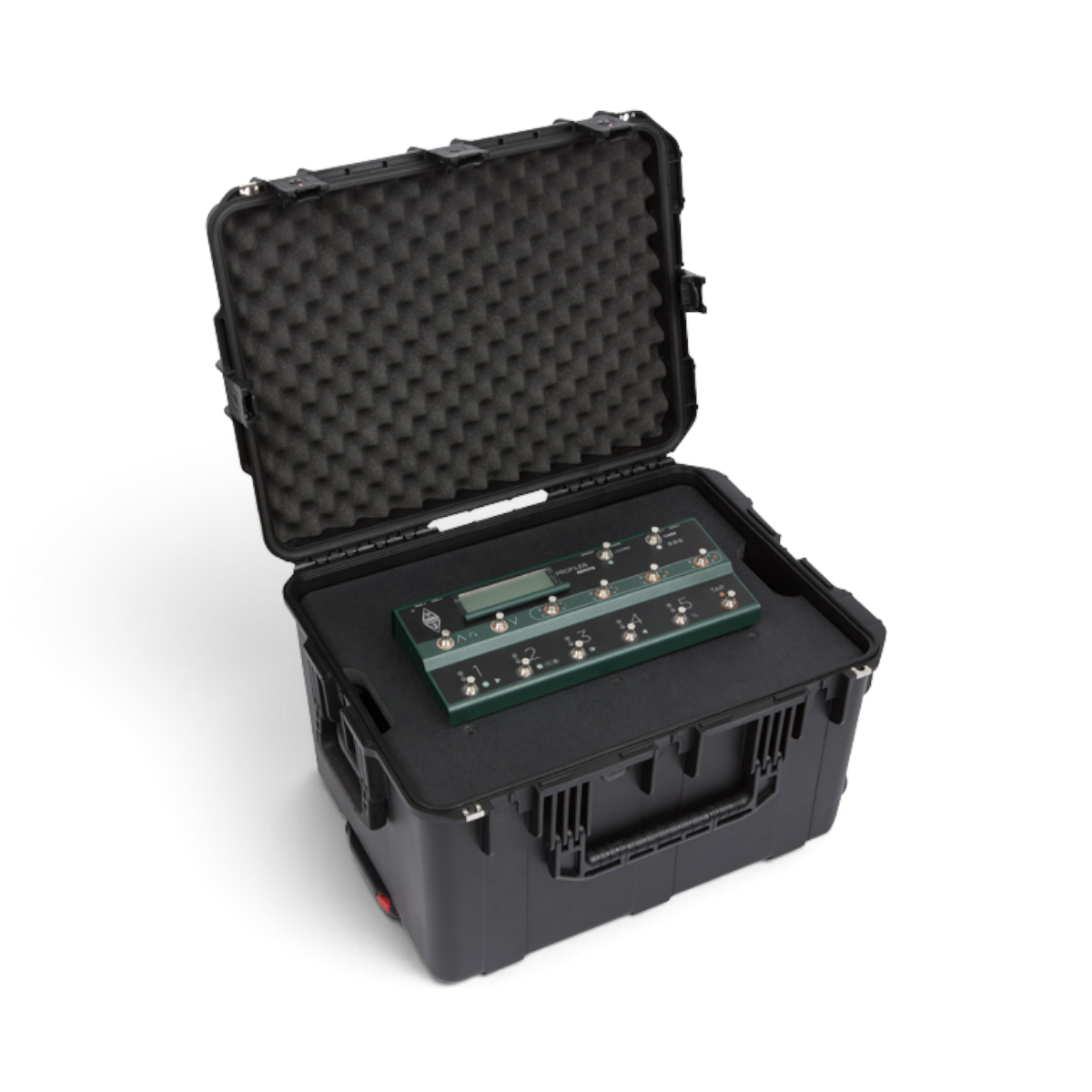 SKB Cases 4U iSeries injection molded fly rack with a Kemper Profiler foot controller secured in the foam top tray.