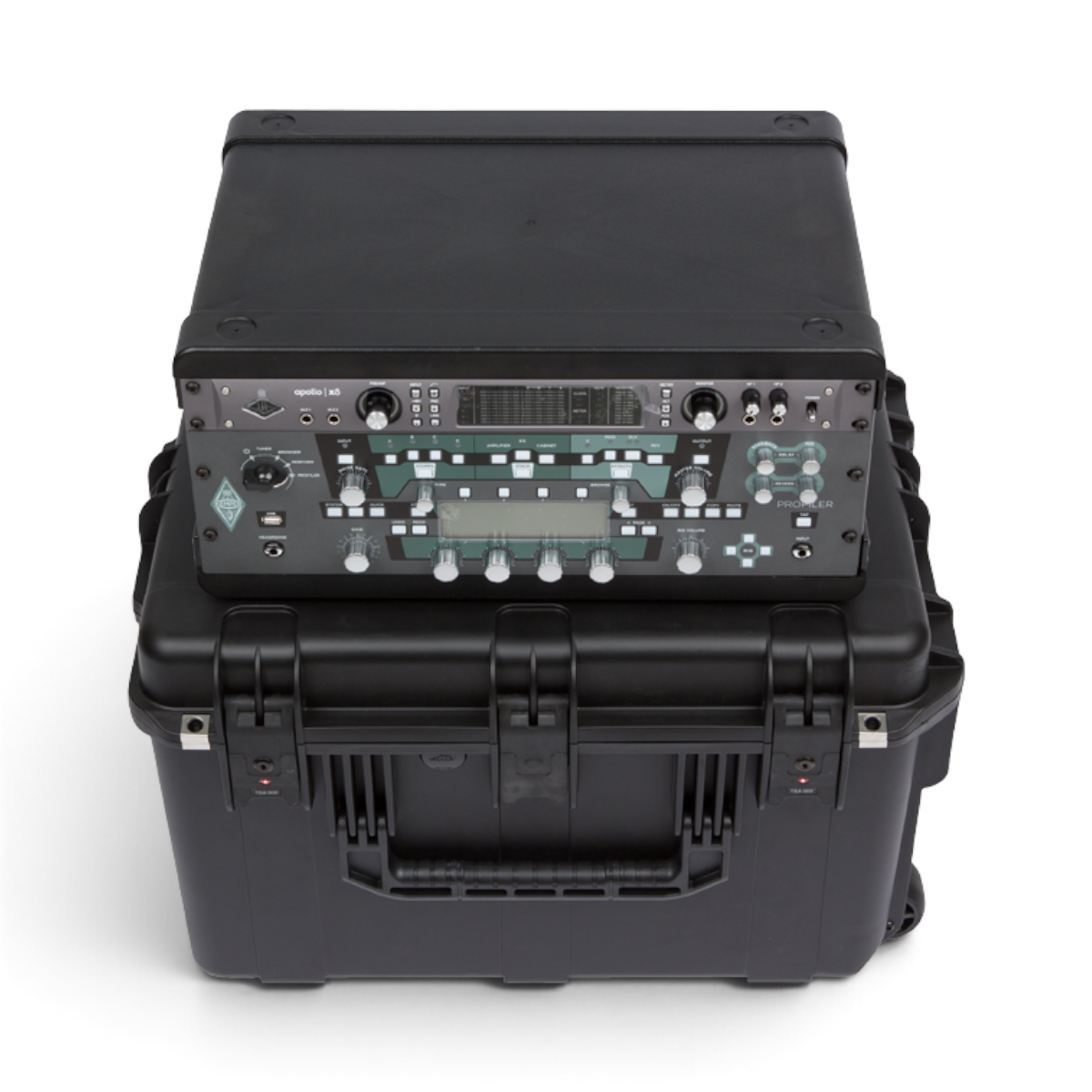 SKB Cases 4U iSeries injection molded guitar FX fly rack with Kemper Profiler and audio interface mounted in black case