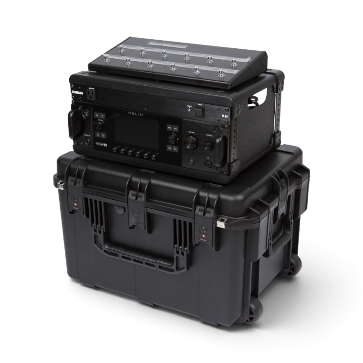 SKB Cases 4U iSeries injection molded guitar FX fly rack with a Helix processor and foot controller on top