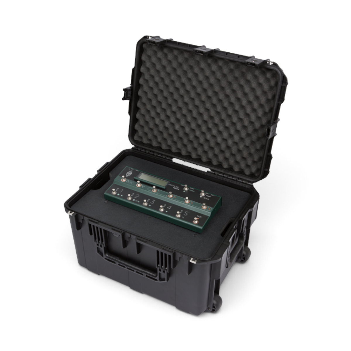 SKB Cases 4U iSeries injection molded guitar FX fly rack with a Kemper Profiler foot controller in a foam-lined case.