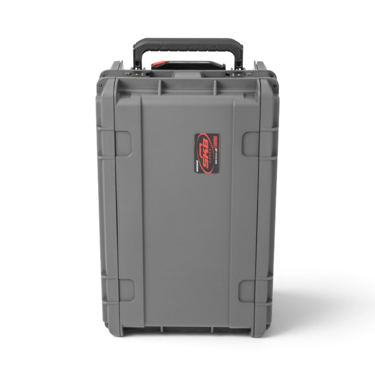 SKB Cases 4U injection molded rack case in dark grey with built-in wheels and telescoping handle.