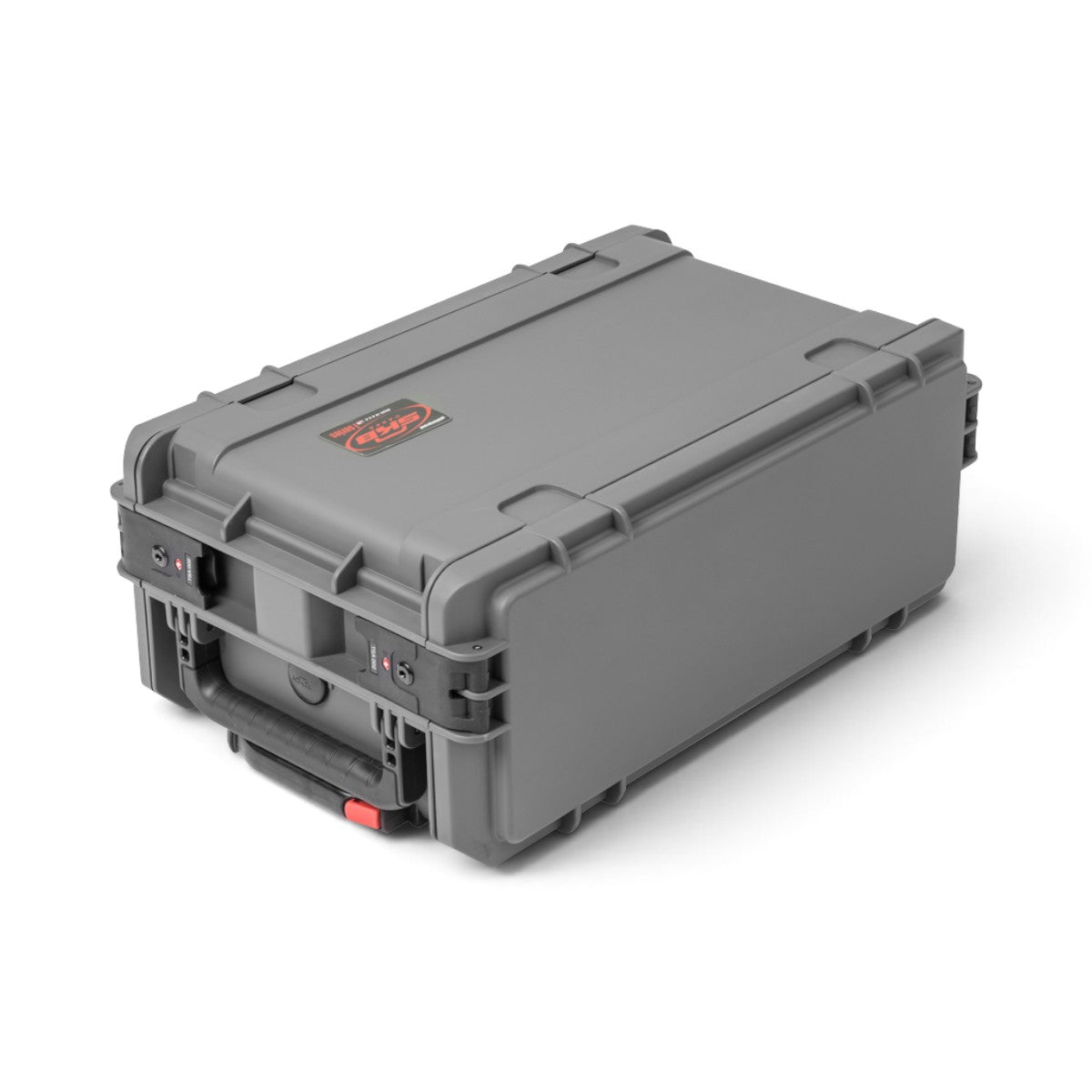 SKB Cases 4U injection molded rack case in dark grey with wheels, telescoping handle, and TSA-accessible latches.