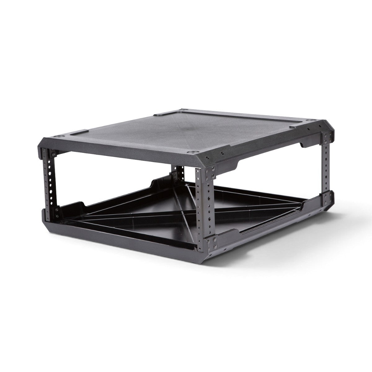 SKB Cases 4U injection molded rack frame with 20-inch depth, featuring black steel rails and stackable design.