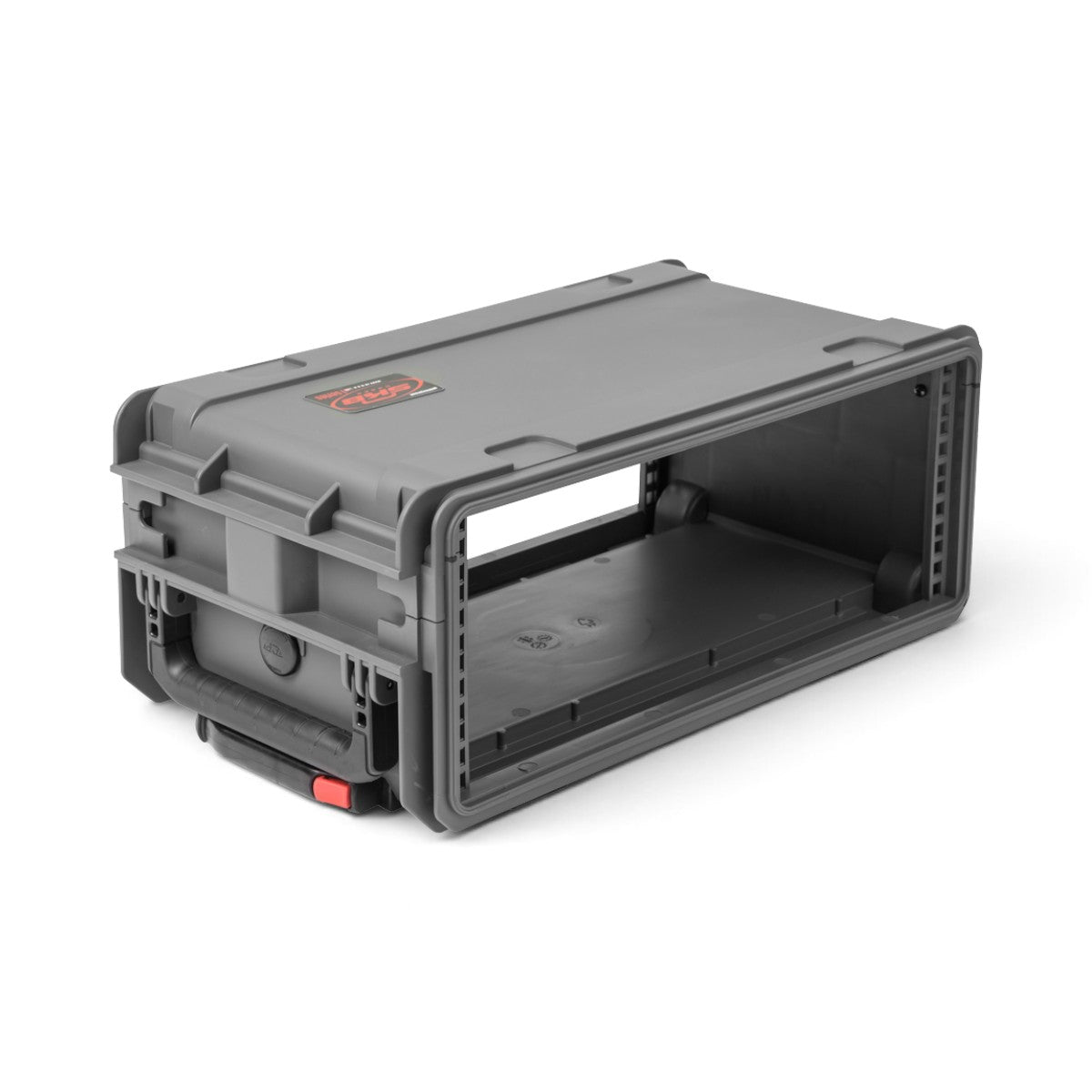 SKB Cases 4U injection molded rack in dark grey with wheels, telescoping handle, and front and rear rack rails.
