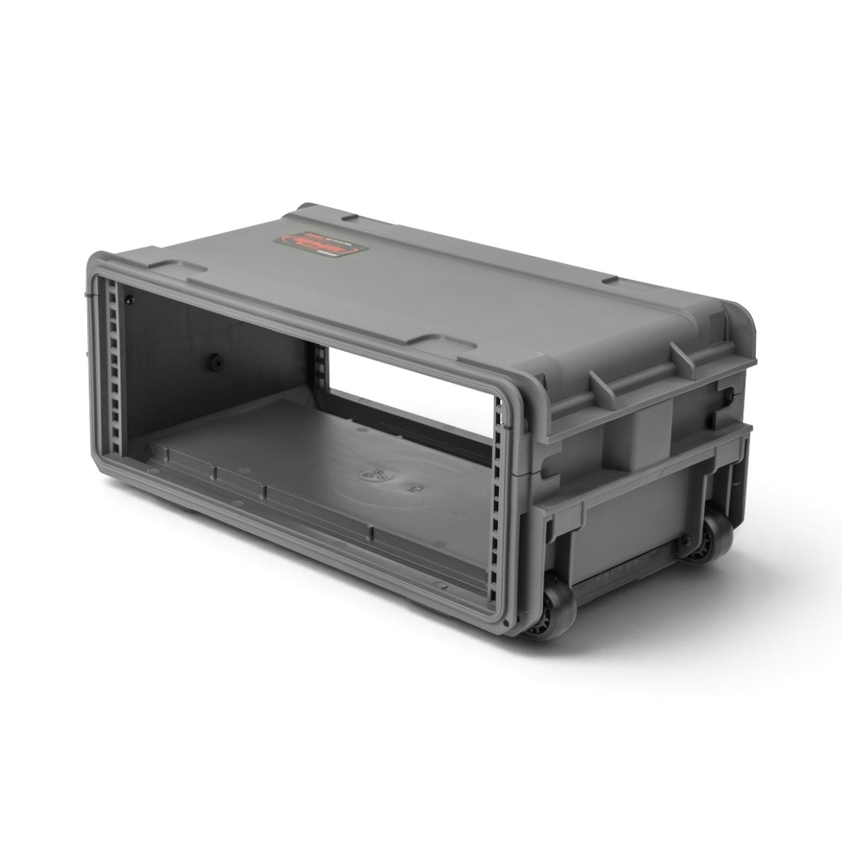 SKB Cases 4U injection molded rack in dark grey with built-in wheels and front and rear rack rails.