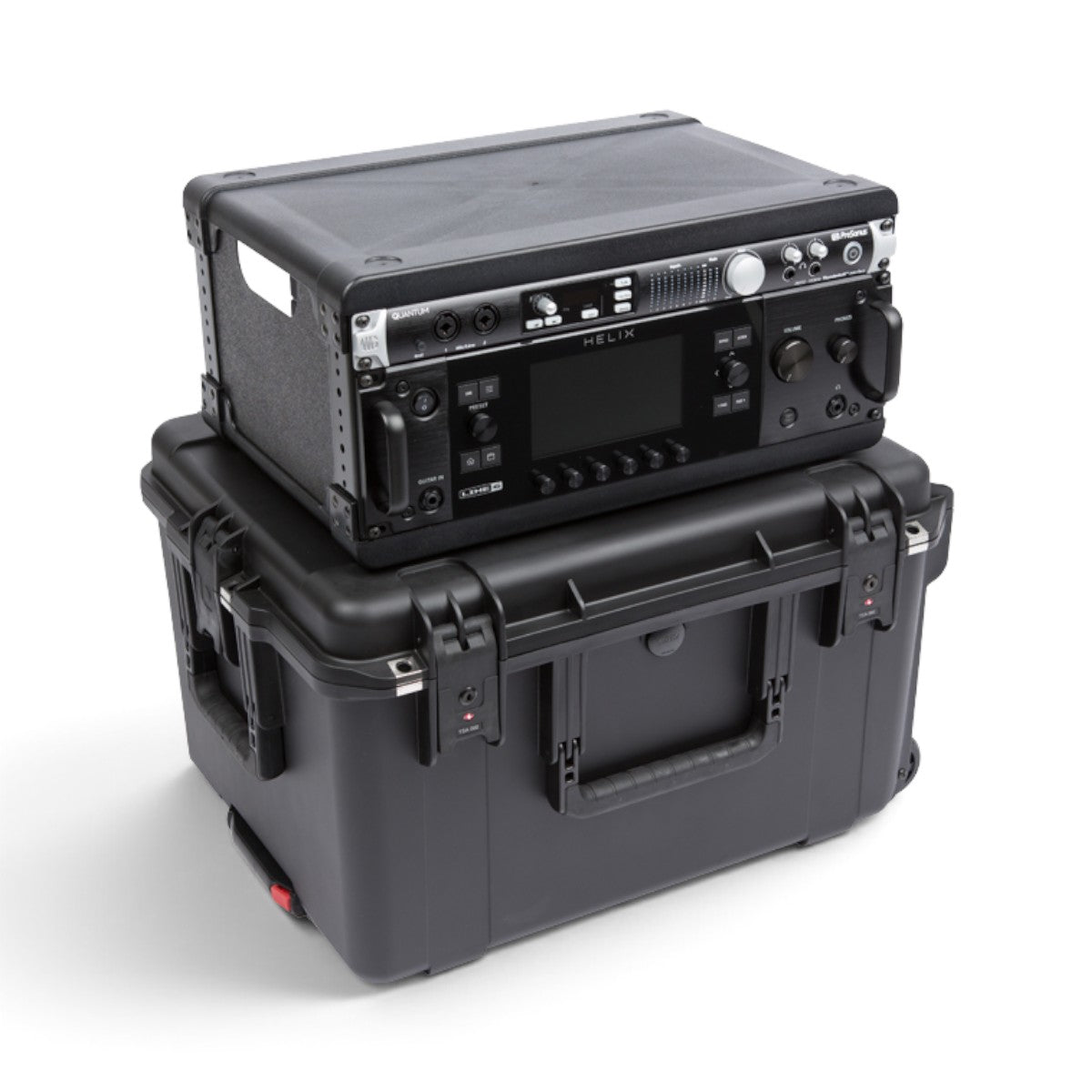 SKB Cases 4U iSeries injection molded fly rack with removable rack frame and audio equipment on a white background