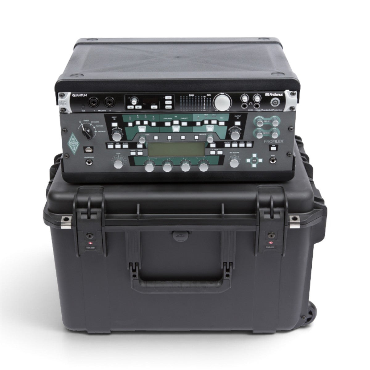 SKB Cases 4U iSeries injection molded fly rack with a mounted audio interface and profiler unit in a black waterproof case