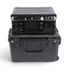 SKB Cases 4U iSeries injection molded waterproof fly rack with rack-mounted audio equipment and TSA-approved latches.