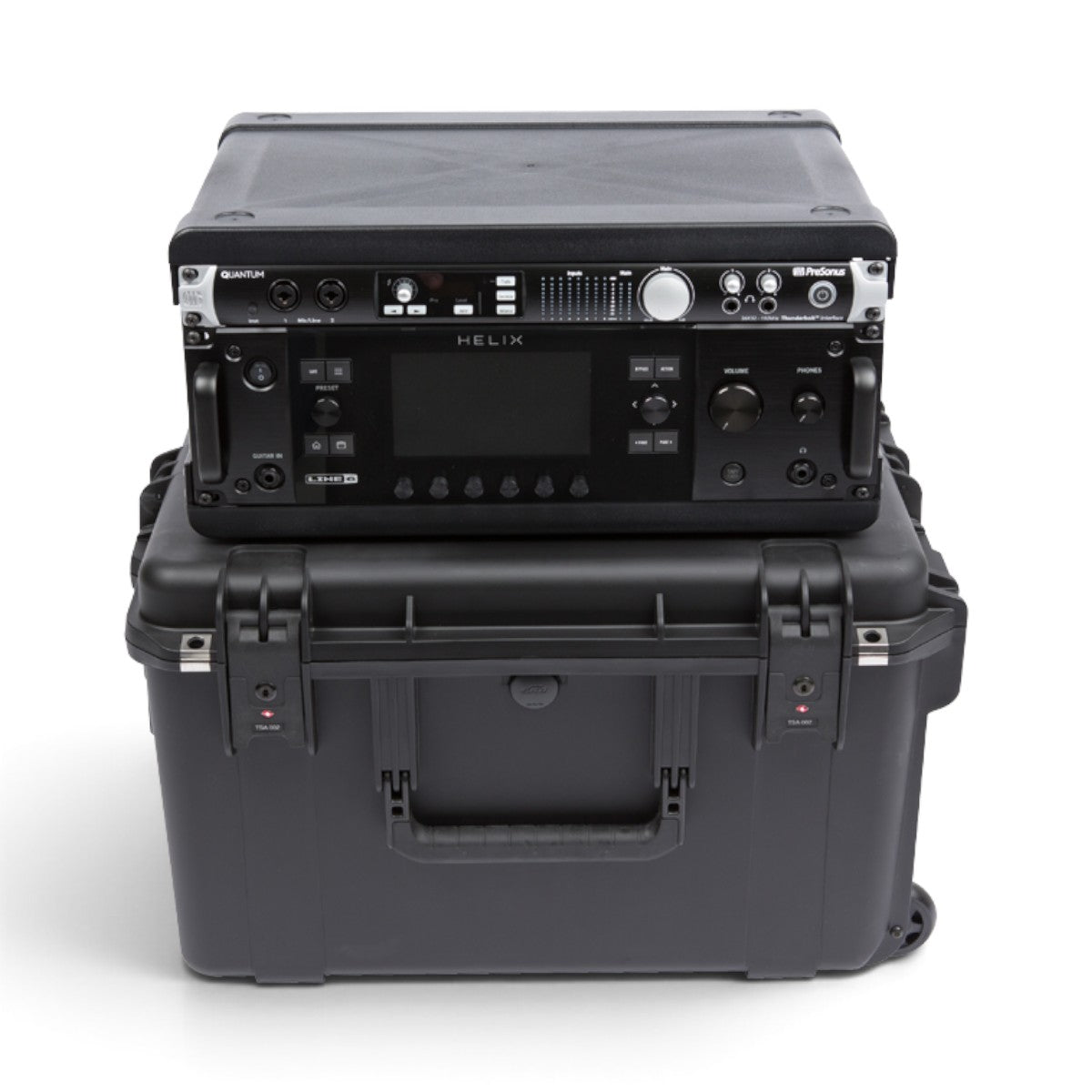 SKB Cases 4U iSeries injection molded waterproof fly rack with rack-mounted audio equipment and TSA-approved latches.