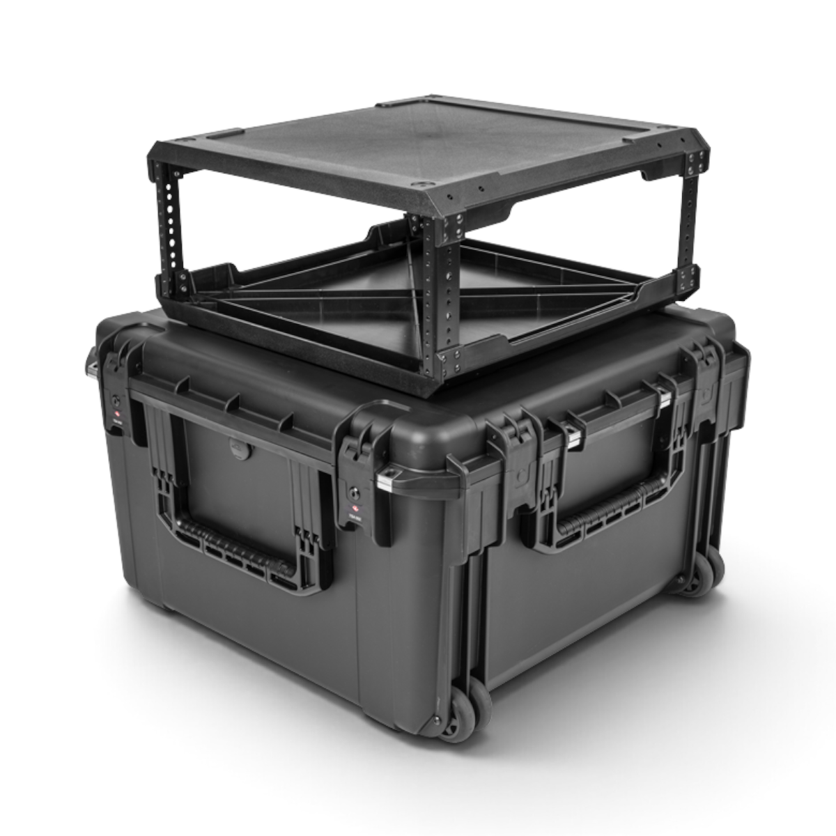 SKB Cases 4U iSeries injection molded fly rack with removable black frame and durable waterproof transport case.