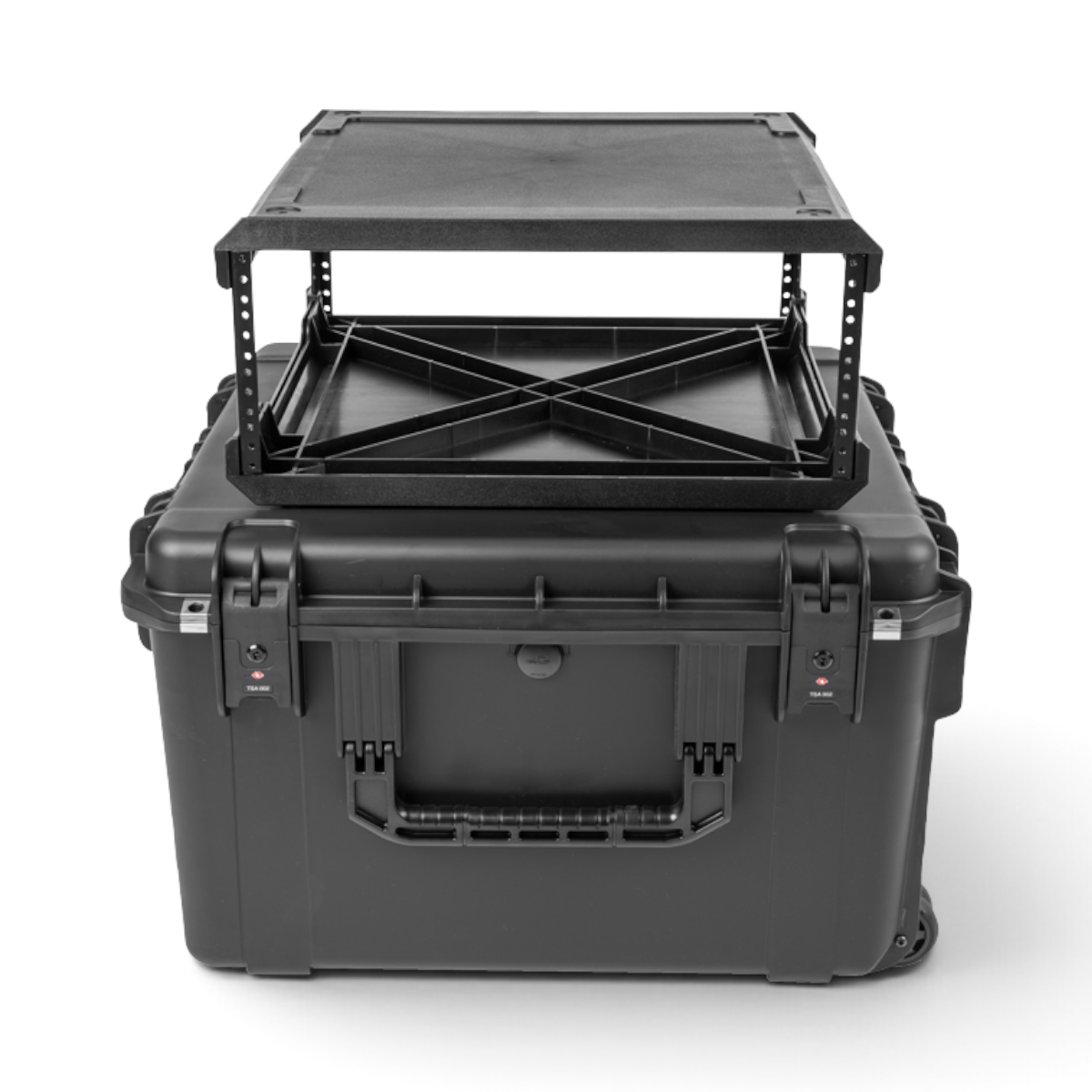 SKB Cases 4U iSeries injection molded fly rack with removable 20-inch deep frame and TSA-approved locking latches.