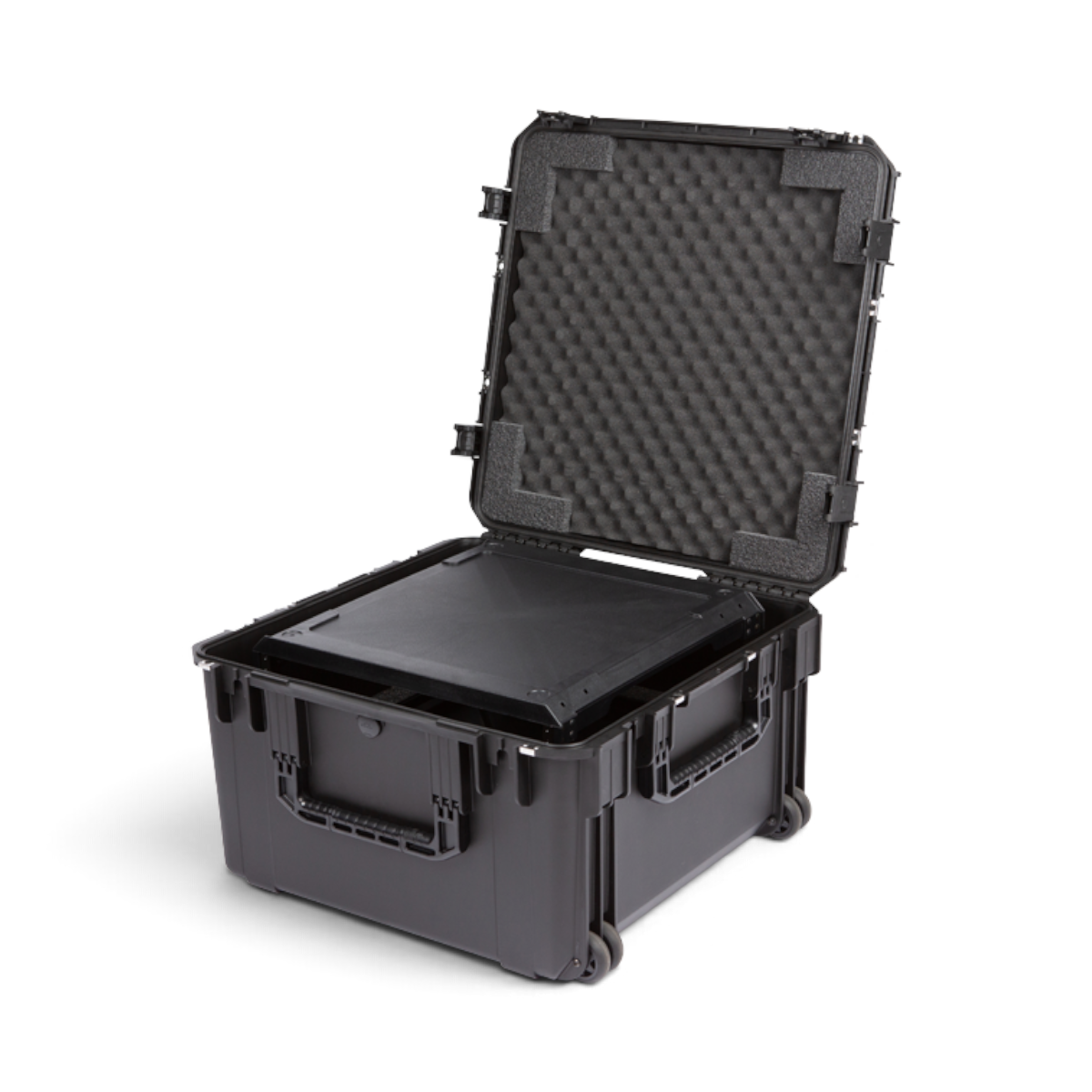 SKB Cases 4U iSeries injection molded fly rack with black waterproof exterior, internal rack frame, and foam lining.