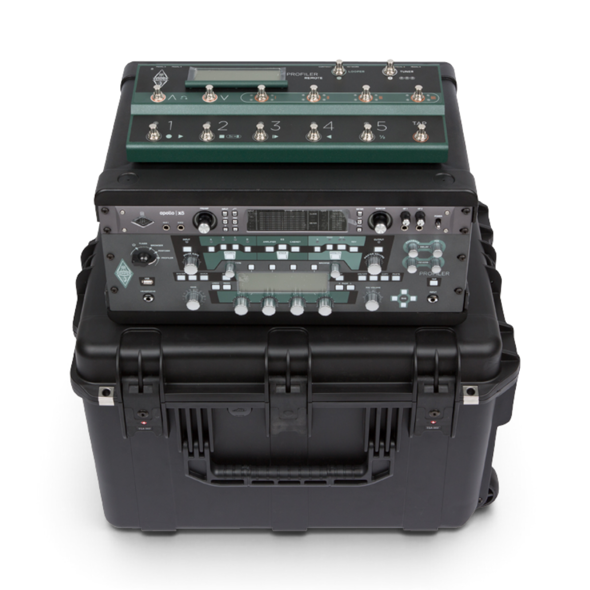 SKB Cases 4U iSeries injection molded fly rack with Kemper Profiler rackmount processor and foot controller on top.