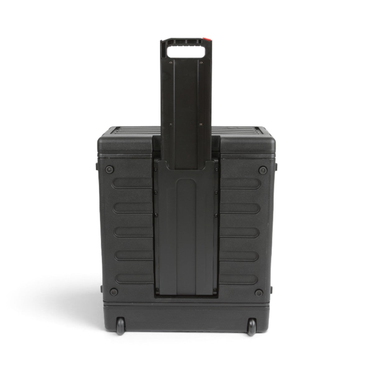 SKB Cases 4U rSeries rolling rack in black polyethylene with extended pull handle and rear transport wheels.