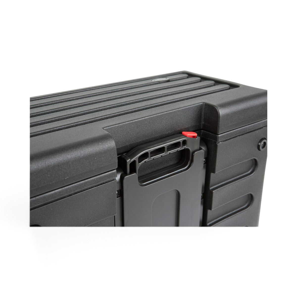 SKB Cases 4U rSeries rolling rack in black roto-molded polyethylene with a recessed handle and durable design.