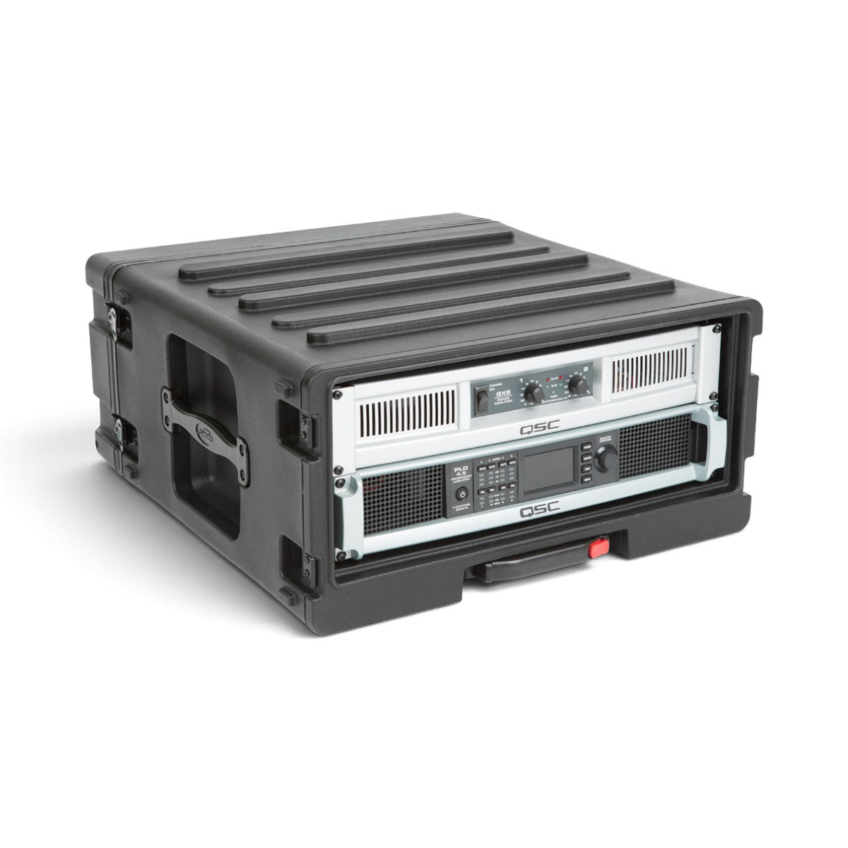 SKB Cases 4U rSeries rolling rack in black polyethylene with two mounted audio amplifiers on a white background
