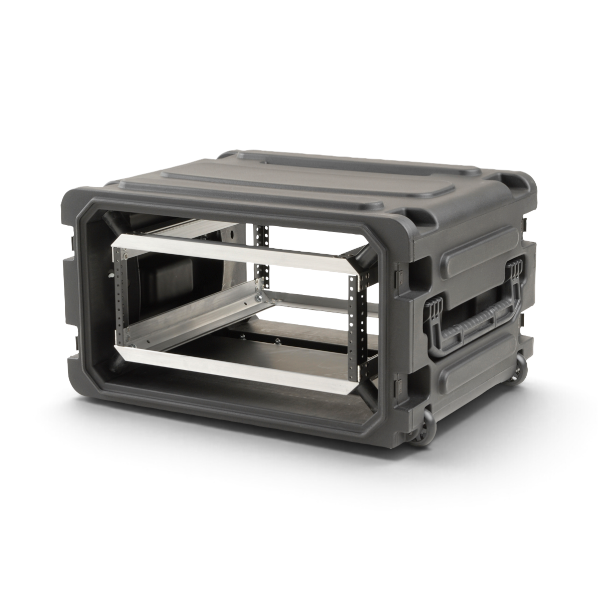 SKB Cases 4U 20-inch deep rolling shock rack with black molded exterior, metal internal frame, and side pull handle.