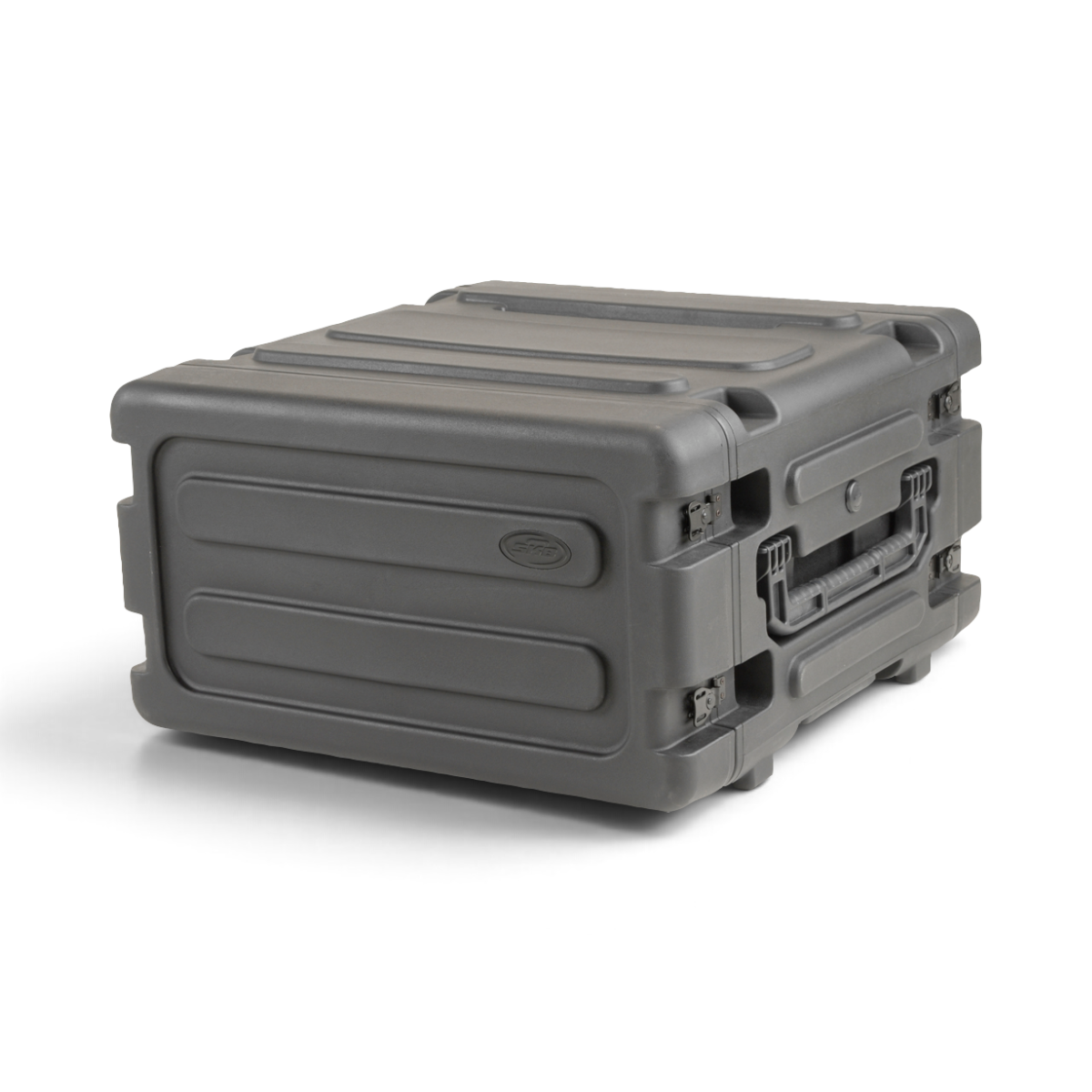 SKB Cases 4U 20-inch deep rSeries rolling shock rack in black with secure twist latches and pull handle.
