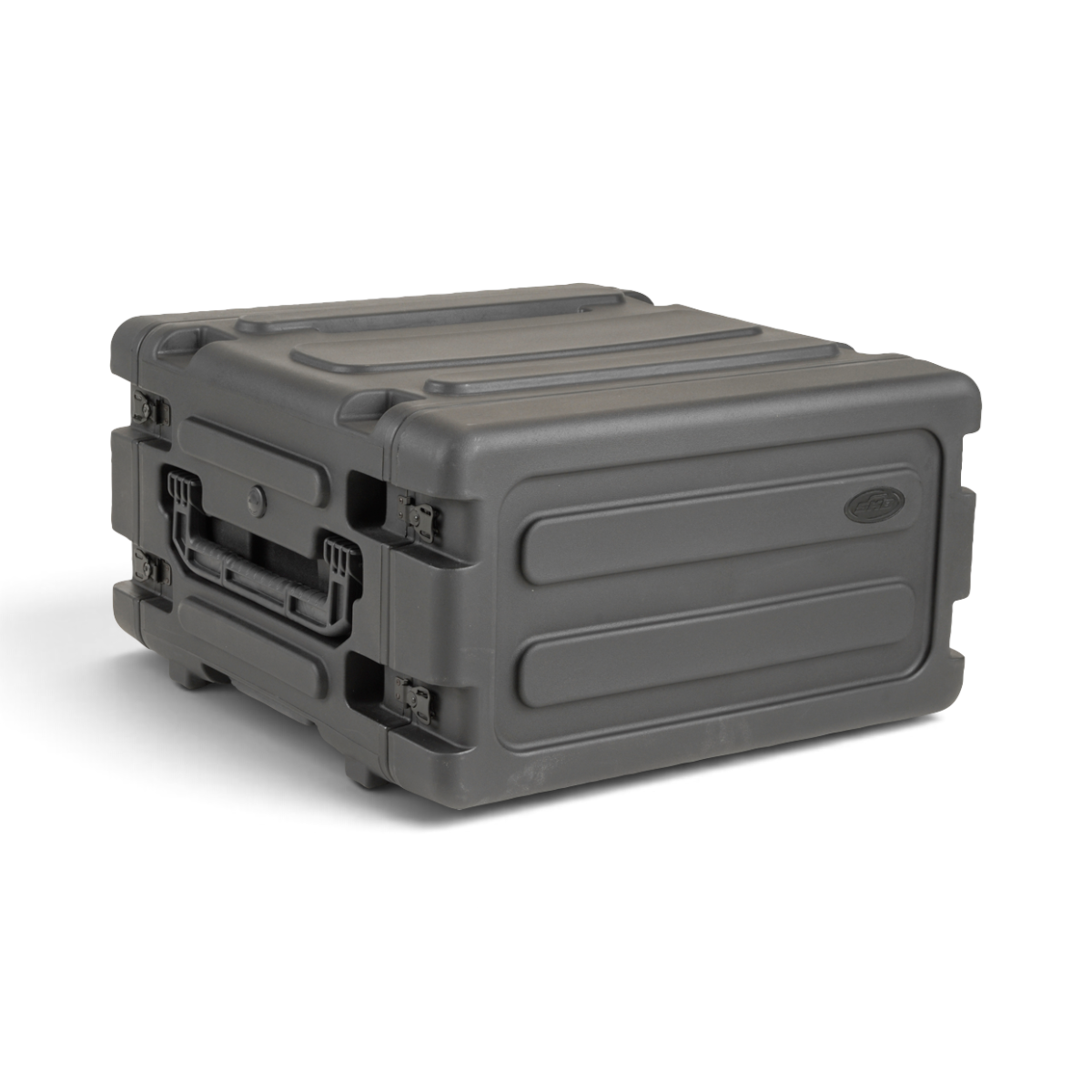 SKB Cases 4U 20-inch deep rSeries rolling shock rack in black with stackable molded design and pull handle.