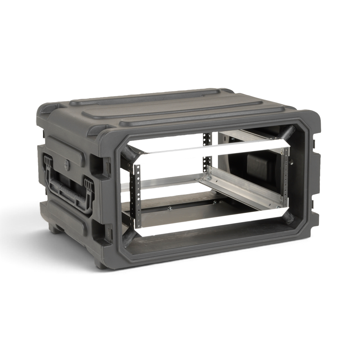 SKB Cases 4U 20-inch deep rSeries rolling shock rack with black molded exterior and internal metal rack rails