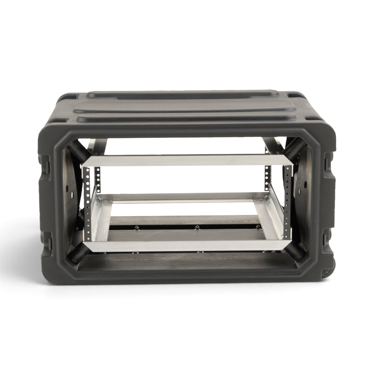 SKB Cases 4U 20-inch deep rSeries rolling shock rack with black molded exterior and internal metal frame